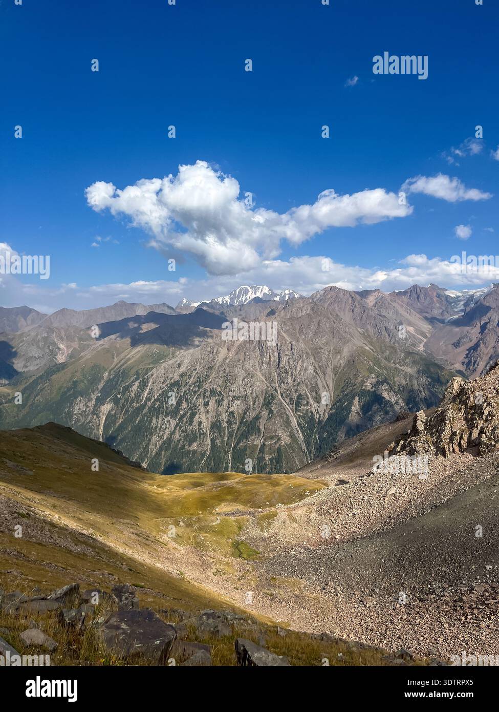 Paysage montagneux à couper le souffle avec des vallées vertes luxuriantes et des sommets enneigés sous un ciel bleu vif Banque D'Images