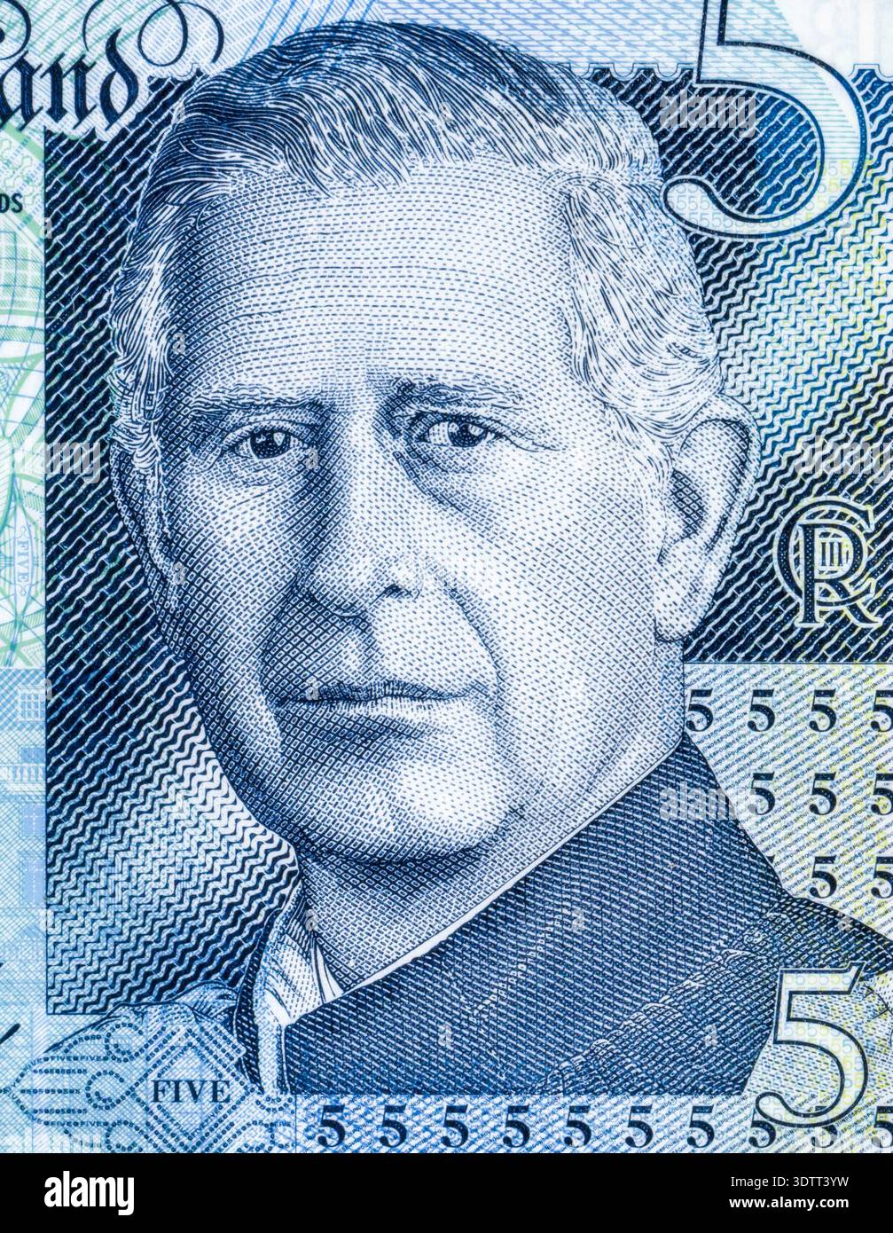 Angleterre Roi Charles III Portrait de l'anglais cinq livres sterling billet de banque, gros plan Banque D'Images