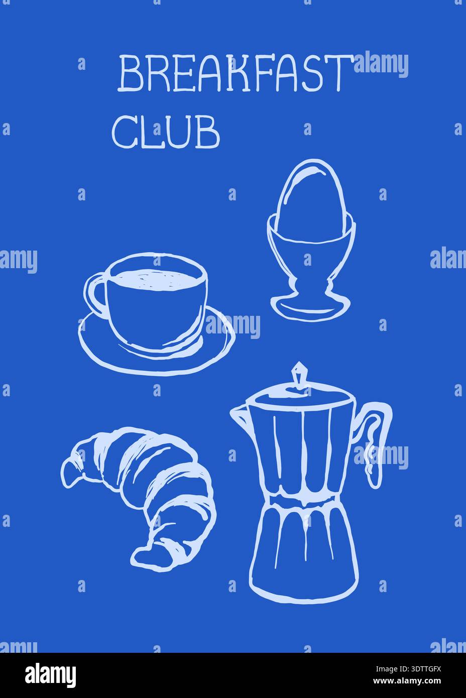 Illustration du club de petit déjeuner avec tasse à café, œuf, croissant et pot de moka sur fond bleu Illustration de Vecteur