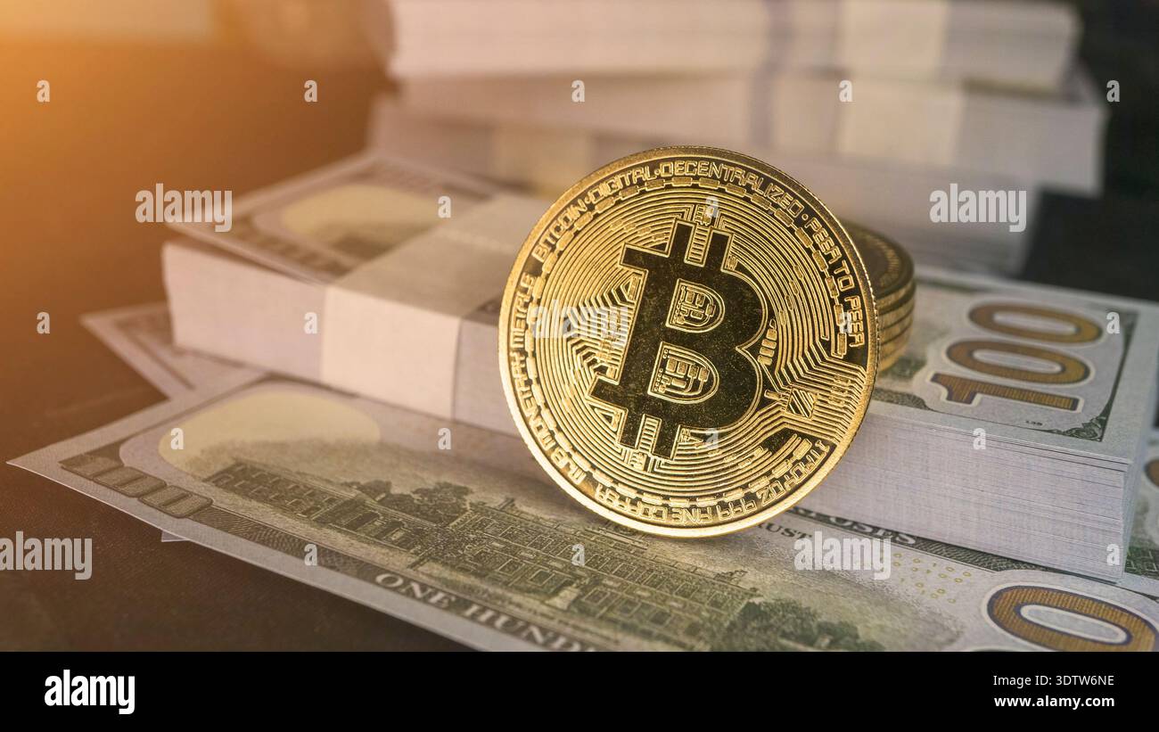 Pièce de monnaie bitcoin en or debout sur des piles de billets de dollars américains, concept de financement rapproché avec la lumière du soleil chaude, investissement en crypto-monnaie et argent numérique Banque D'Images