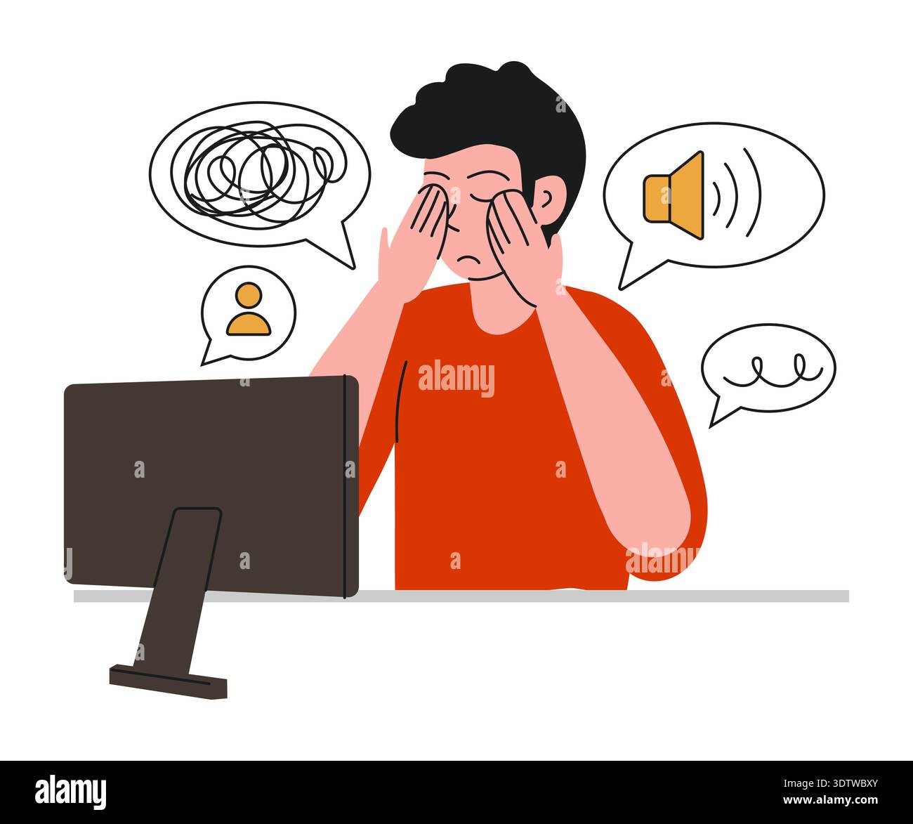 La personne frotte les yeux de la fatigue, de travailler avec le moniteur d'ordinateur. Illustration vectorielle de doodle de fatigue de travail. Travail de bureau. Illustration de Vecteur