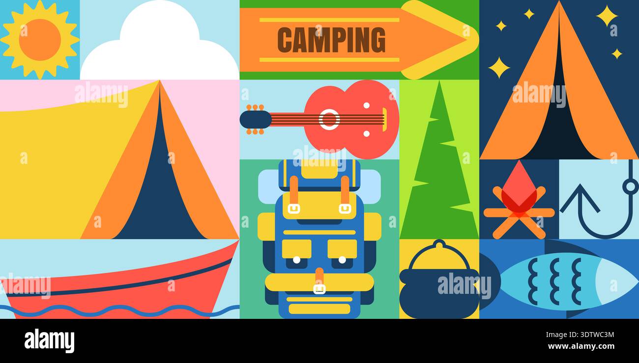 Affiche de bannière de camping d'été avec disposition géométrique. Fond avec tente, sac à dos, feu de camp. Éléments de conception vectorielle pour l'aventure en plein air, les loisirs Illustration de Vecteur