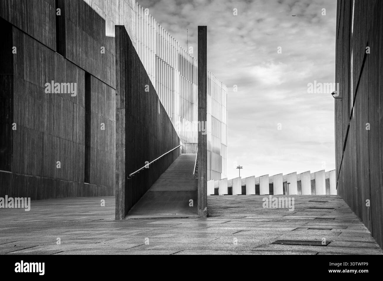 Architecture minimaliste moderne. De fortes lignes géométriques, des murs en béton texturés et une rampe centrale créent une sensation spectaculaire de profondeur et de perspective. Banque D'Images