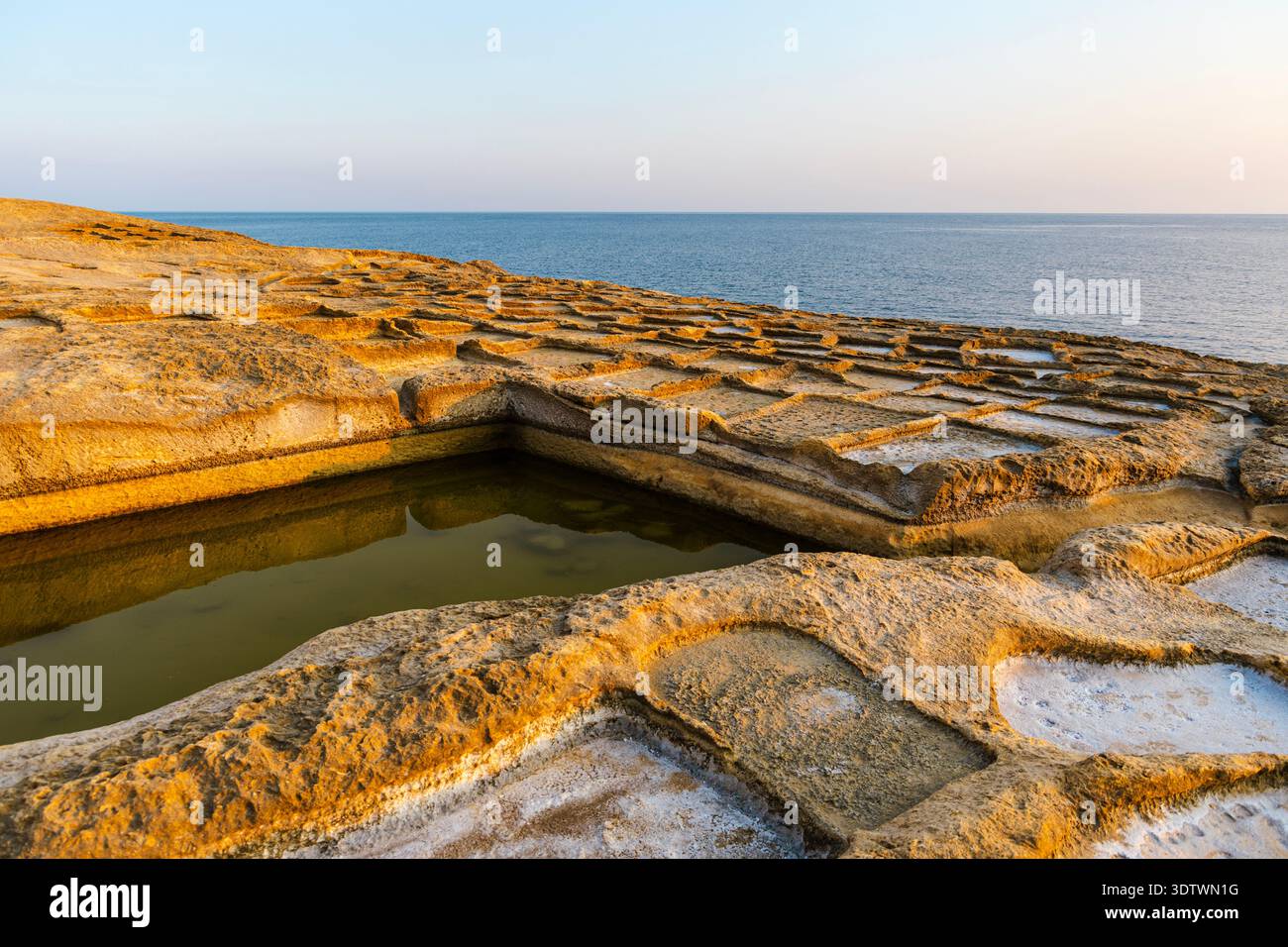 Marais salants de bord de mer autour de la tour Xlendi (Torri tax-Xlendi), baie de Xlendi, Gozo, Malte Banque D'Images