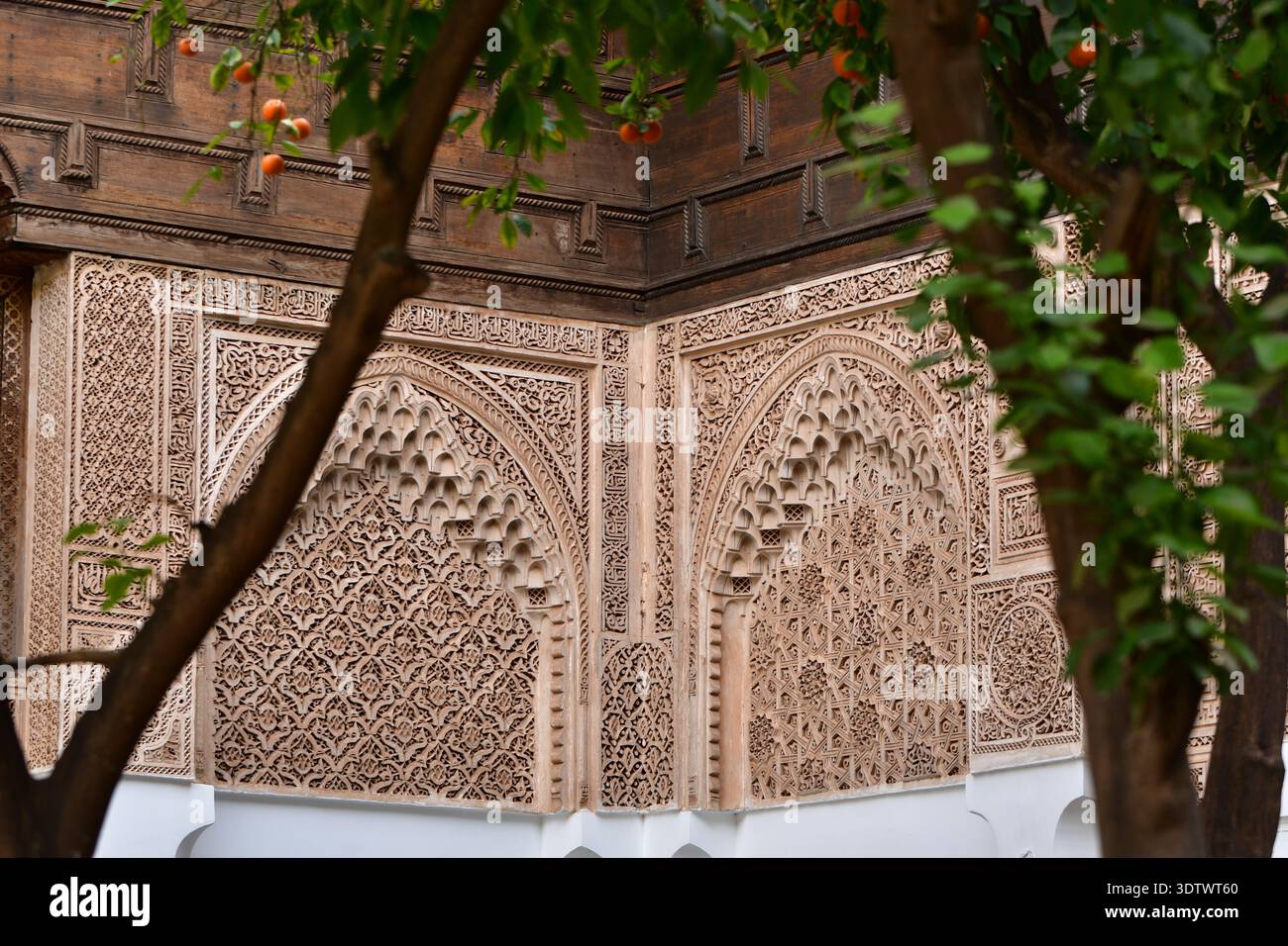 Arc sculpté en stuc avec ornementation géométrique et végétale au Palais Bahia, Marrakech, Maroc, février 2026 Banque D'Images