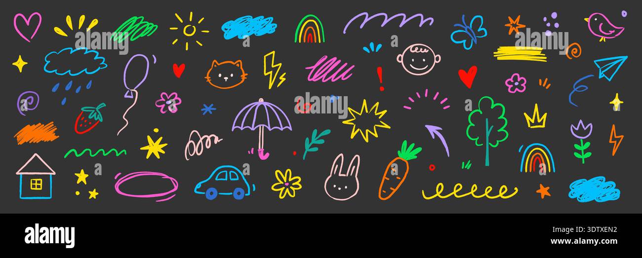 Ensemble d'éléments enfantins pour bébé mignon pour enfant. Cute Kid School doodle sketch arc-en-ciel, soleil, fond de nuage. Icônes de dessin animé préscolaire pour enfants avec visage heureux, maison, arbre, oiseau et cœur. Illustration vectorielle Illustration de Vecteur