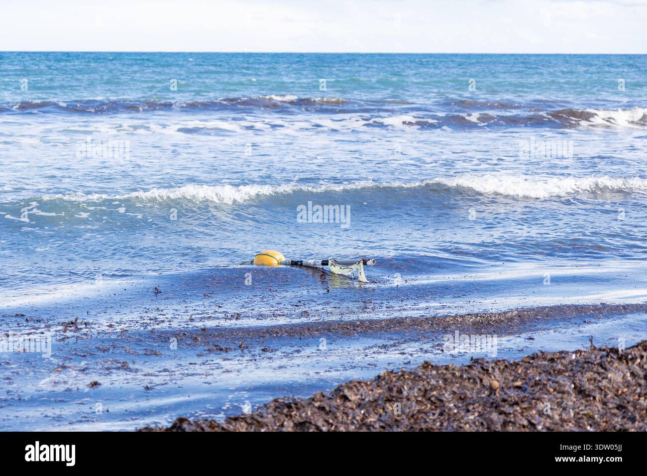 Les vagues de l'océan baignent une plage parsemée d'algues et d'une bouée dérivante. La lumière du jour éclatante et l'horizon dégagé créent un éclairage naturel de scène côtière Banque D'Images