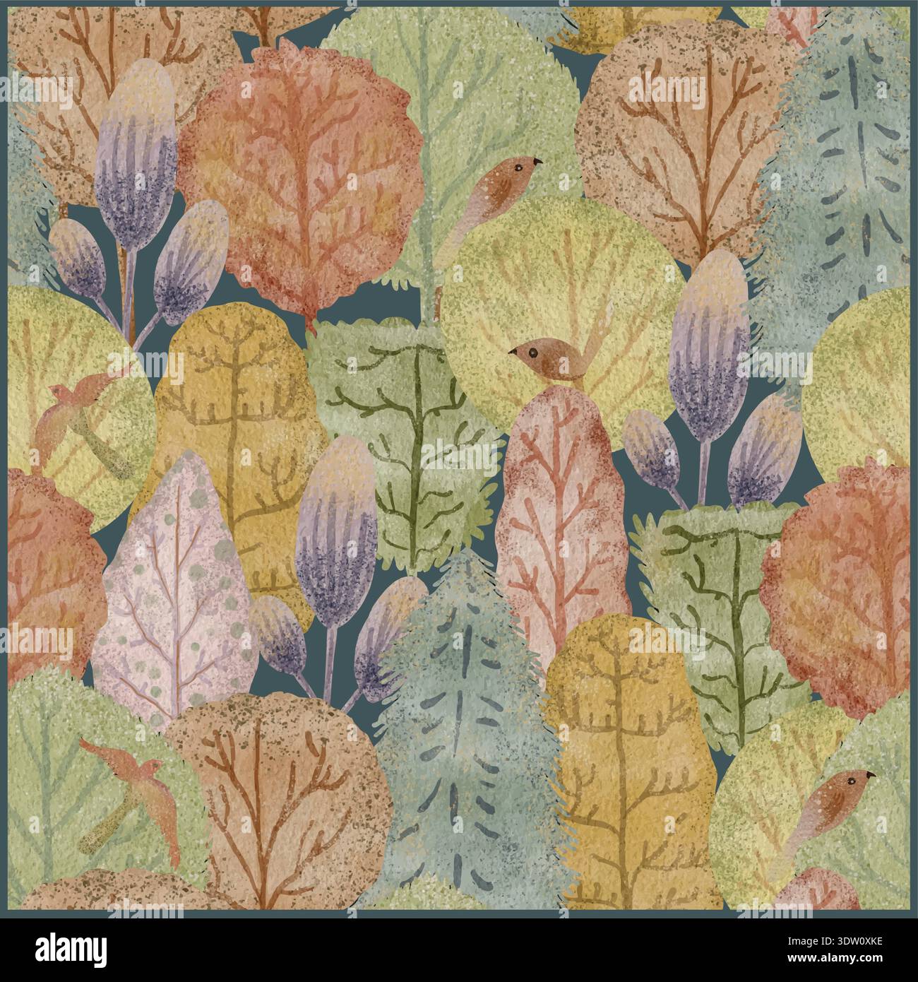 Conception vectorielle sans couture avec des oiseaux dessinés à la main nichés dans des feuilles multicouches colorées. Les textures peintes et la palette discrète créent un automne chaleureux Illustration de Vecteur