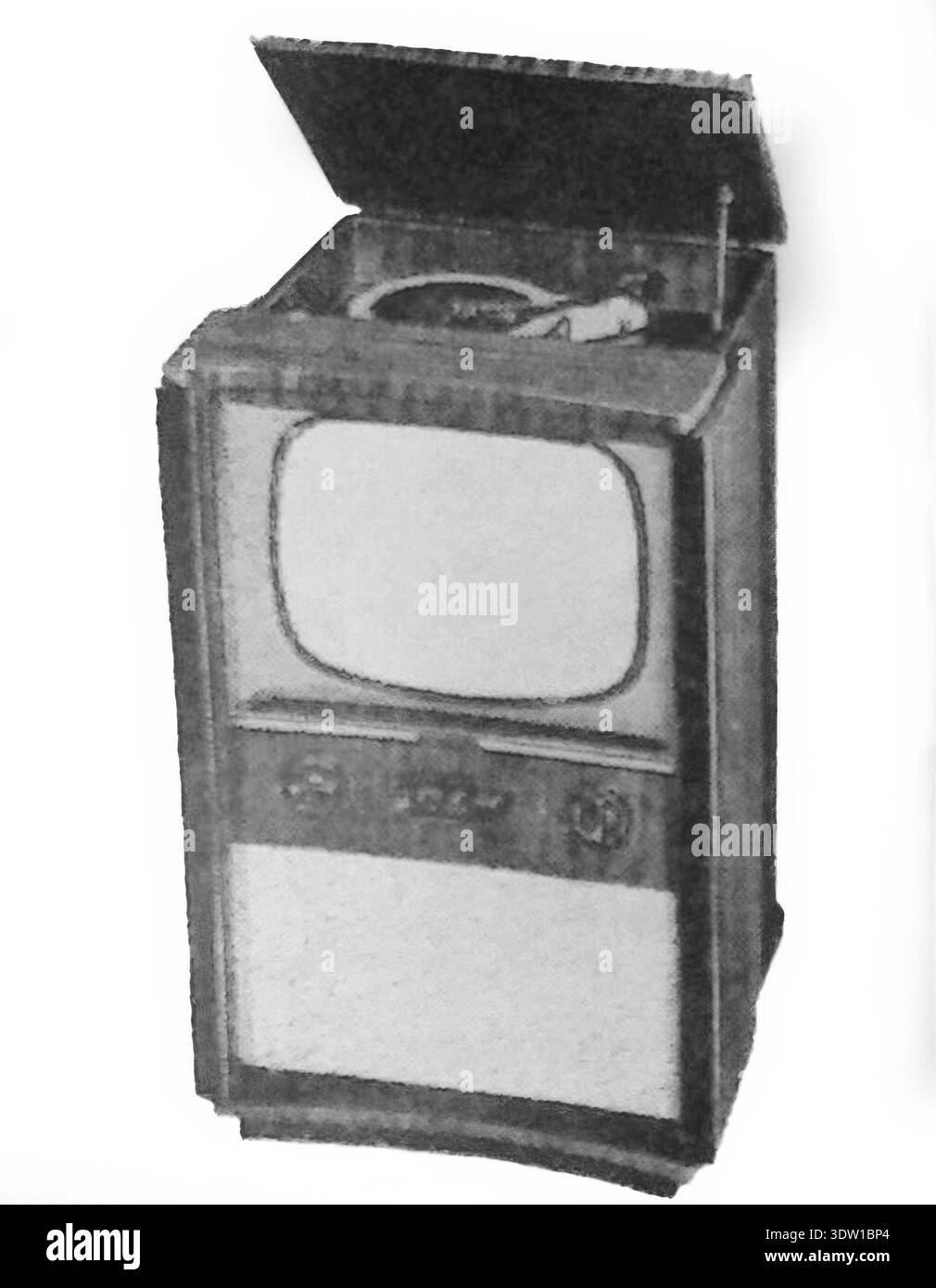 Une illustration technique du Ferranti modèle TCG.1019, un récepteur de télévision du milieu du siècle avec radiogramophone VHF. Cette image monochrome affiche une console haute et sophistiquée dotée d'un écran de télévision proéminent et d'un couvercle à chargement par le haut pour les composants intégrés du gramophone et de la radio. Typique du marché britannique du luxe des années 1950, ce centre de divertissement « tout-en-un » reflète la tendance de l'époque à mélanger des composants électroniques complexes dans d'élégants meubles en bois conçus pour le salon moderne. Banque D'Images