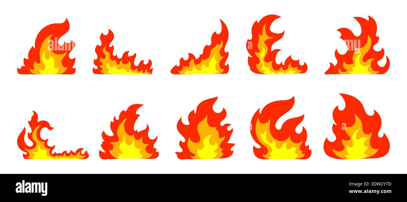 Ensemble d'art clip plat de dessin animé Fire Flames, flammes lumineuses de différentes formes de conception, boules de feu chaudes Illustration de Vecteur