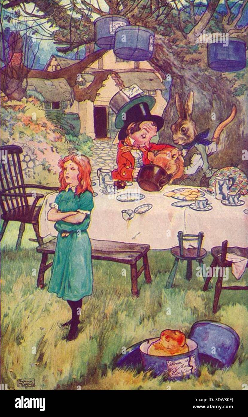ALICE AU PAYS DES MERVEILLES Mad Hatter's Tea Party. Illustration de couverture de l'édition Blackie & son de 1912 illustrée par Frank Adams (1871-1944) Banque D'Images