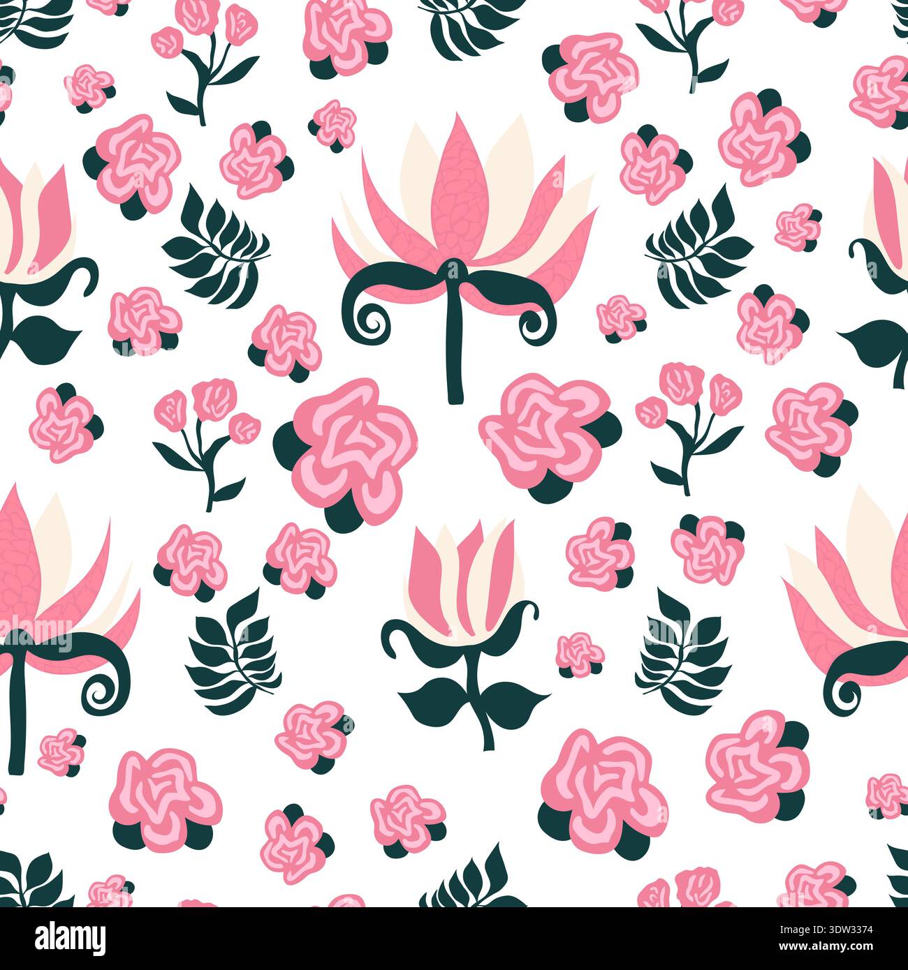 fleurs abstraites en forme de rose de couleur rose avec des branches vertes feuillues et un grand motif sans couture de fleur texturée. Bon pour les carreaux, le tissu, la décoration. Illustration de Vecteur