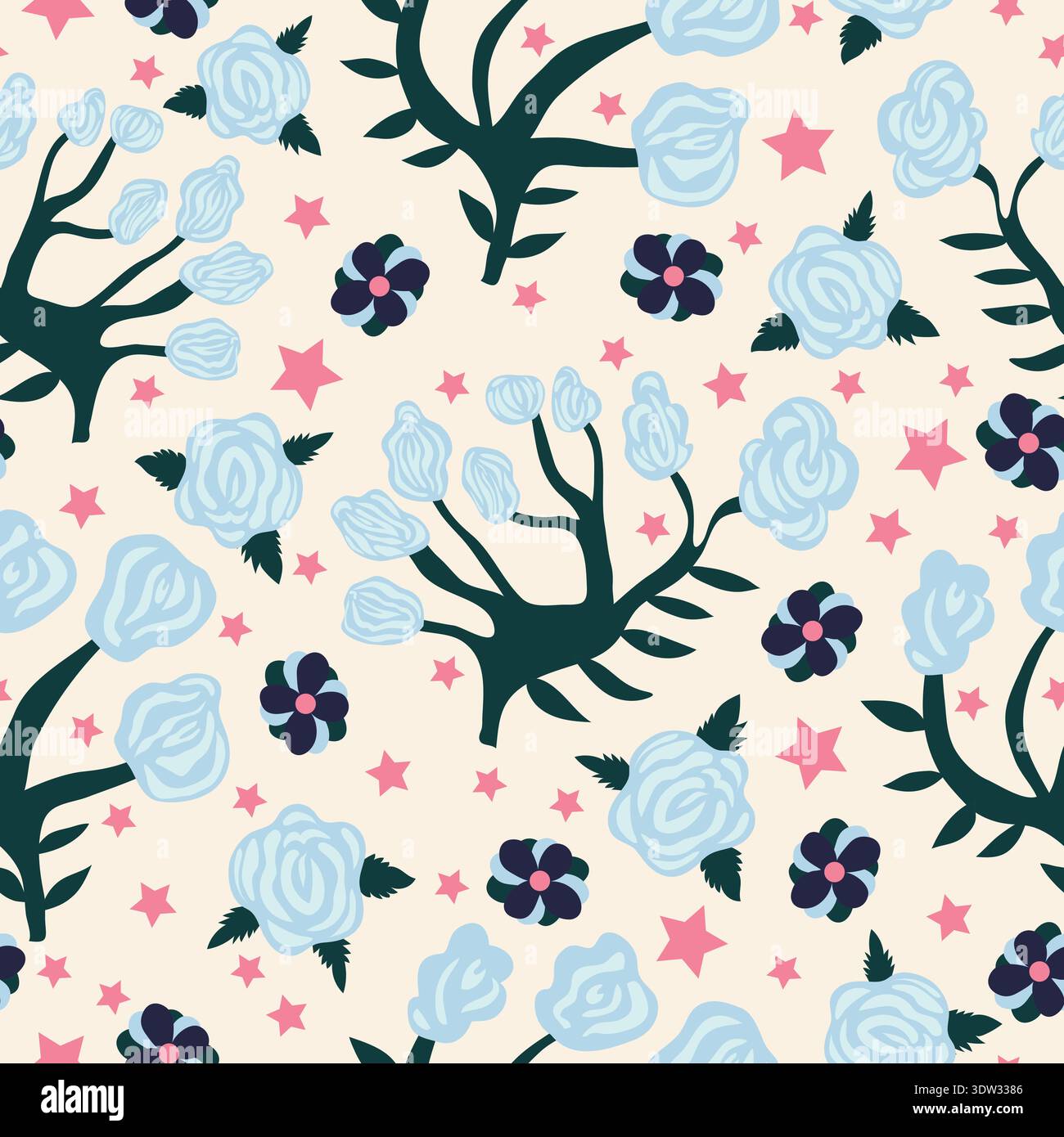 rose abstraite bleue comme des fleurs avec de petites fleurs bleu marine et des étoiles roses sur fond jaune modèle sans couture. bon pour le textile, le tissu et la décoration. Illustration de Vecteur