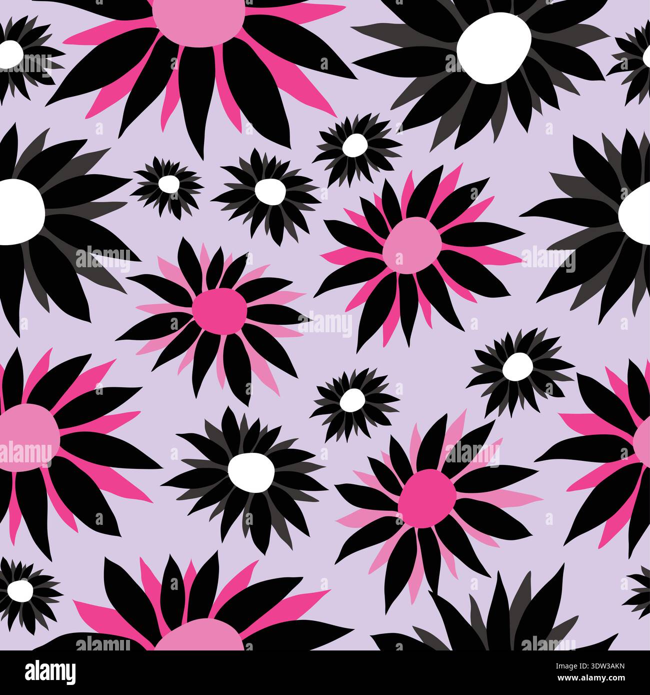 fleurs roses, grises, noires sur fond violet modèle sans couture. rose, noir, couleur grise motif sans couture de fleurs spikey dessinées à la main. Illustration de Vecteur
