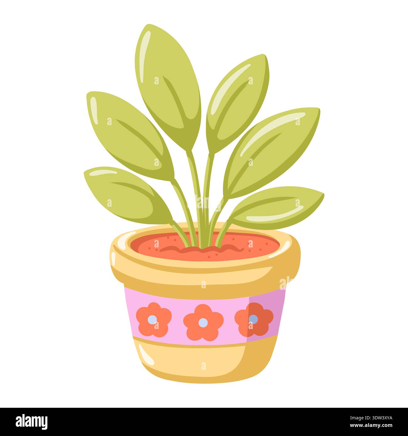Plante en pot de printemps avec des feuilles vertes dans un pot de fleurs décoratif. Illustration isolée de vecteur de dessin animé sur fond blanc Illustration de Vecteur