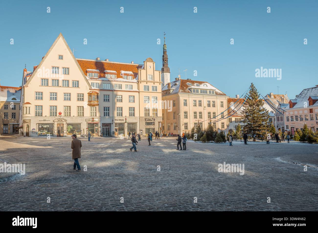 Place de la mairie de Tallinn, capitale de l'Estonie, en hiver avec neige et arbre de Noël Banque D'Images