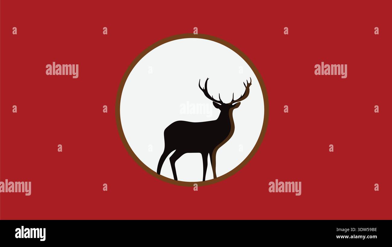 Silhouette de cerf cerf à l'intérieur de la lune circulaire sur fond rouge, emblème symbolique de la faune et logo Illustration de Vecteur