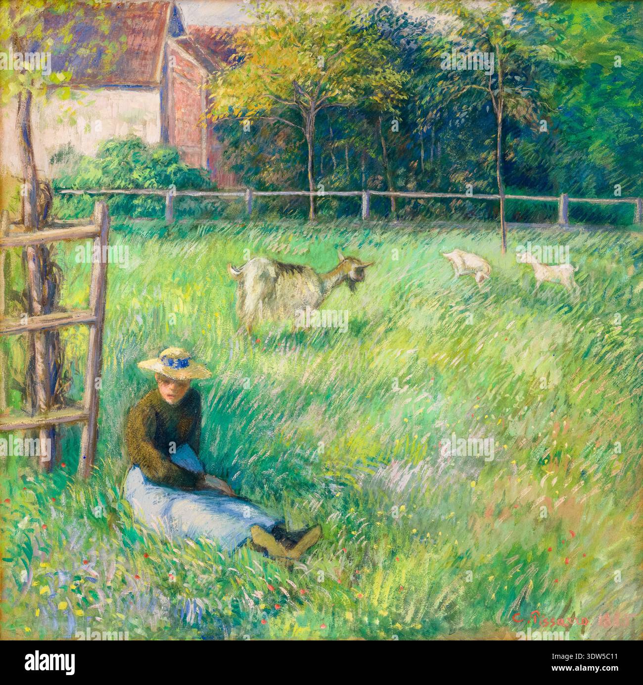 Camille Pissarro, paysanne assise avec des chèvres, peinture à la gouache sur papier tissé, 1885 Banque D'Images