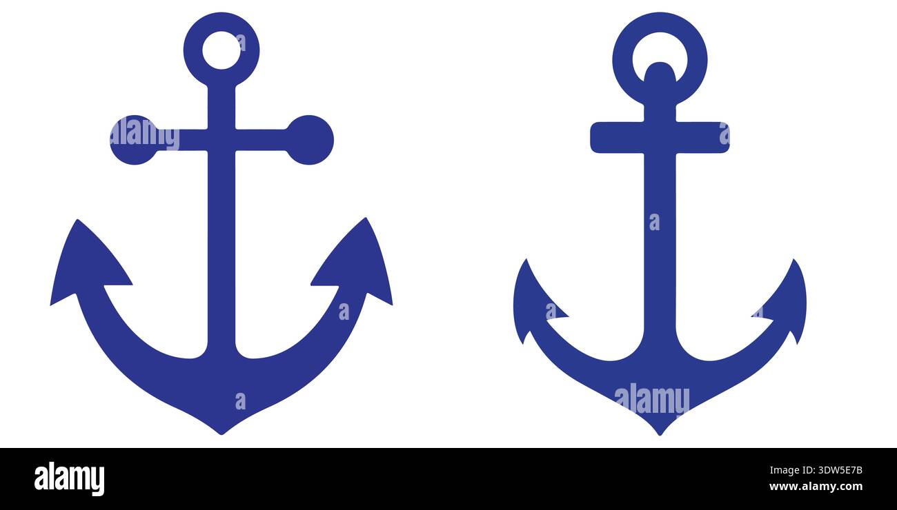 Symboles d'ancre bleus définis avec la conception nautique classique, la navigation maritime et l'illustration d'icône de transport maritime sur fond clair. Illustration de Vecteur