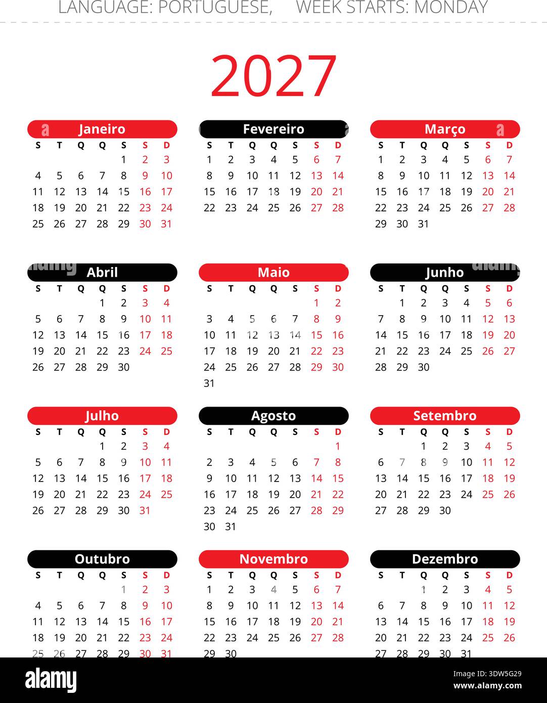 Calendrier portugais 2027 simple pour le portugal avec des fonds mensuels noirs et rouges Illustration de Vecteur