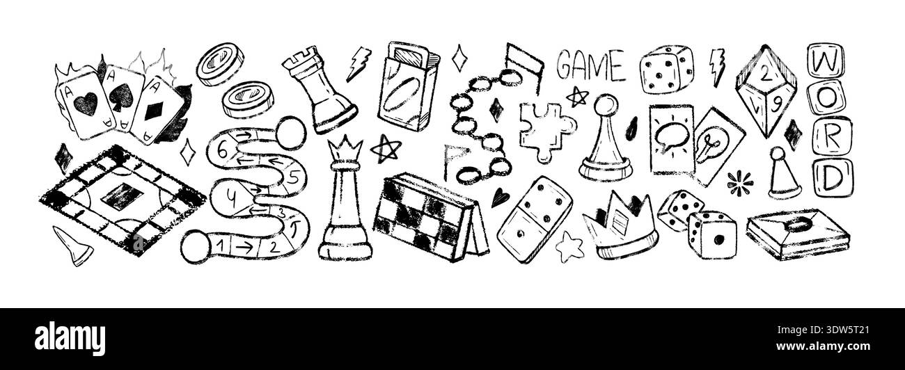 Jeux de société doodle jeu de vecteur de craie. Icônes de croquis de crayon dessinées à la main de cartes, jetons de poker, dés, pions, mots croisés puzzle. Dames, domino ou symboles grunge de jeu. Concept Home Entertainment familial Illustration de Vecteur