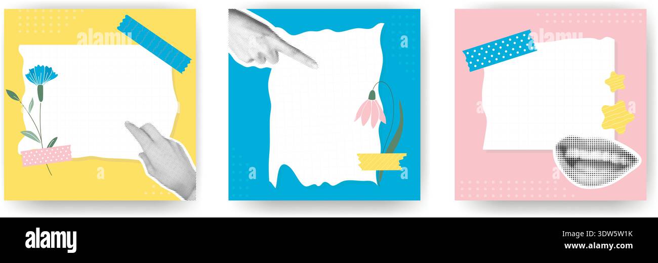 Ensemble de maquettes de collage avec espace pour le texte. Modèles carrés avec papier déchiré, mains et bouches en demi-teinte, fleurs attachées avec des autocollants. Modèles Illustration de Vecteur