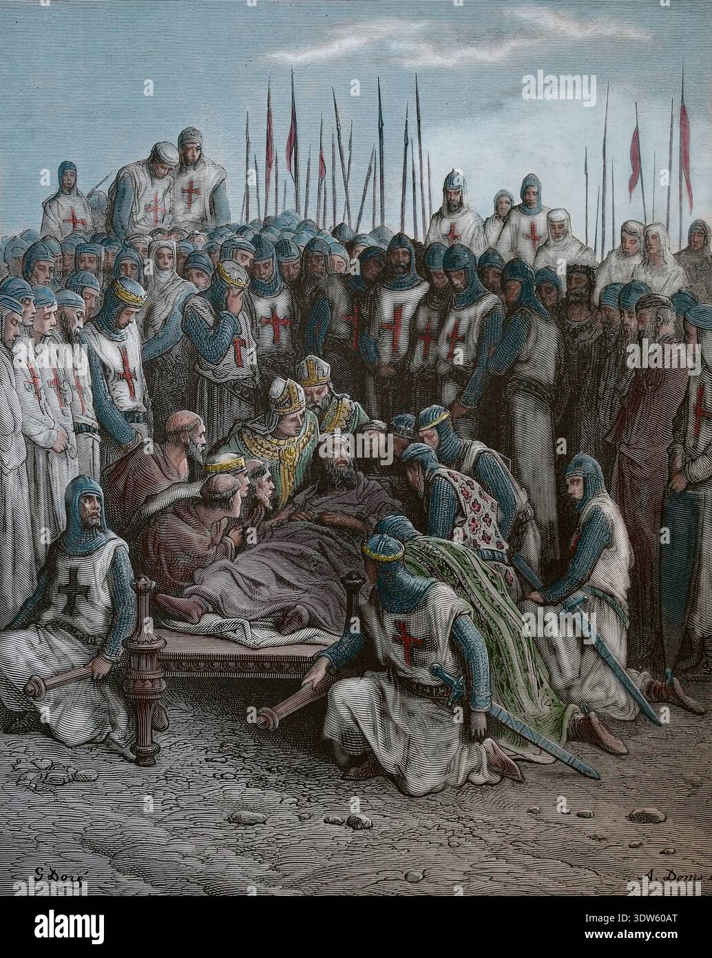 Huitième croisade. Mort du roi Saint Louis IX de France, 1270, près de Tunis. Gravure de G. Dore, XIXe siècle. Banque D'Images