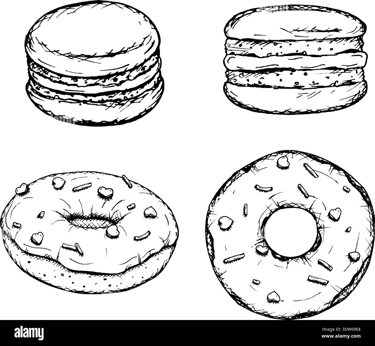 Ensemble de dessin à l'encre monochrome de macarons et beignets avec glaçure et saupoudres. Collection de desserts esquissés à la main disposés comme graphiques de pâtisserie pour le café Illustration de Vecteur