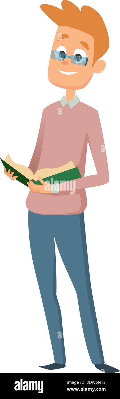 Lire l'homme dans des lunettes. Personnage de dessin animé avec livre dans les mains Illustration de Vecteur