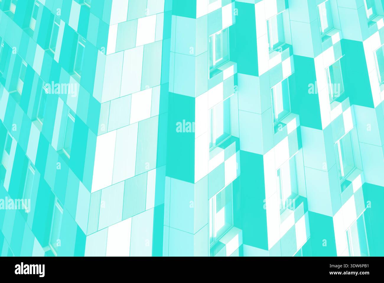 Conception architecturale abstraite avec un motif géométrique répétitif sur l'extérieur d'un bâtiment avec de nombreuses fenêtres, rendu dans les tons cyan et w Banque D'Images