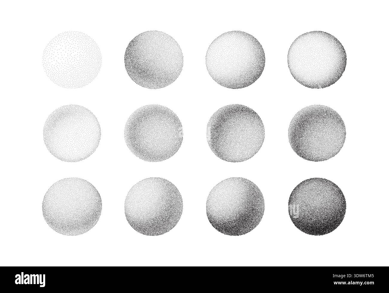 Définissez un dégradé circulaire granuleux avec des points demi-teintes créant un effet sphère 3D sur fond blanc, parfait pour les projets de design abstrait et texturé Illustration de Vecteur
