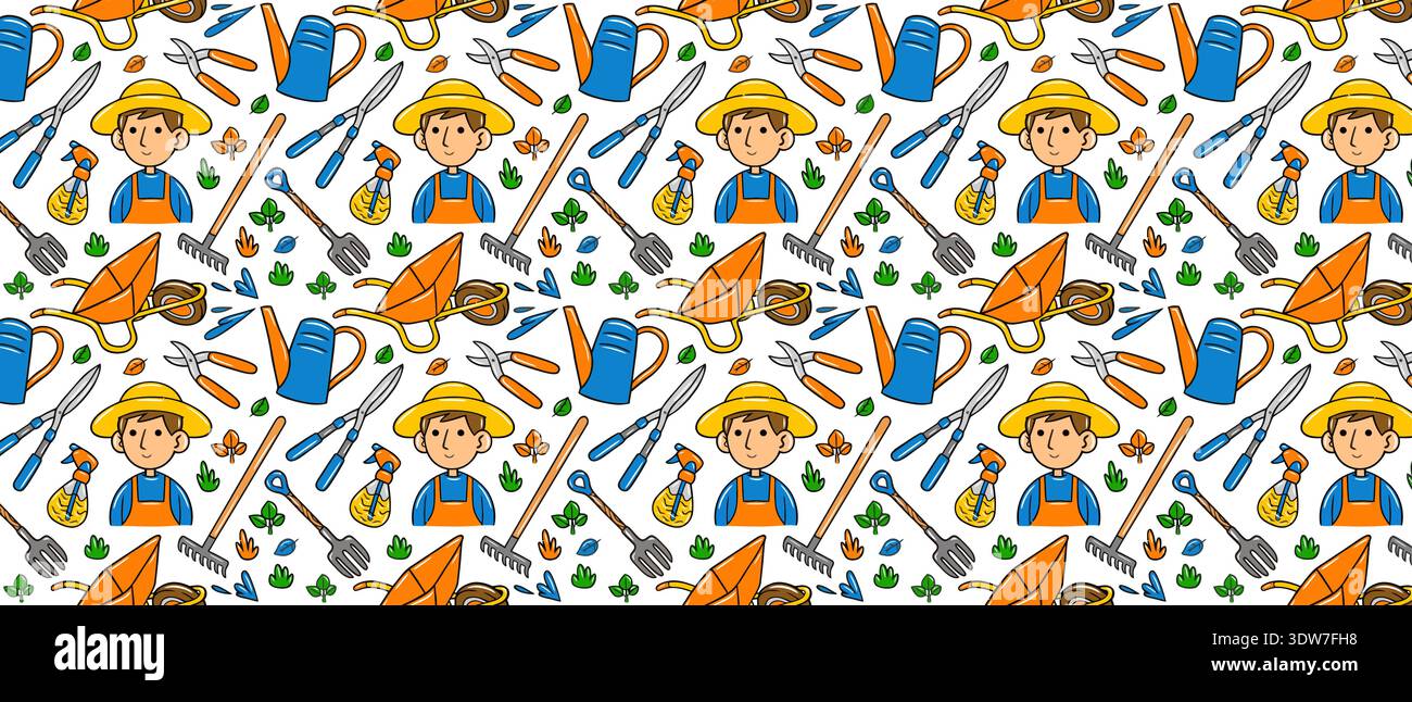 Modèle sans couture d'agriculture et de jardinage, caractère de jardinier mignon et outils Doodles pour une conception écologique Illustration de Vecteur