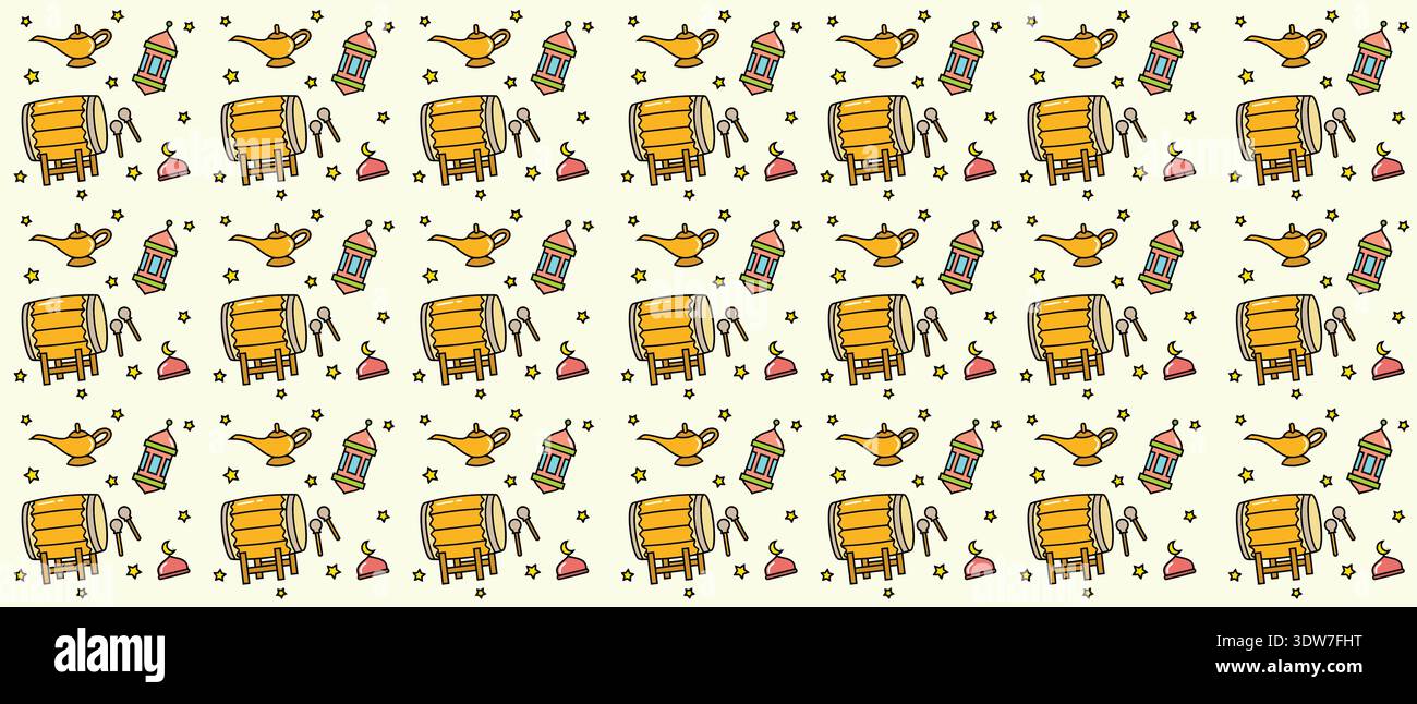 Motif sans couture de célébration islamique du Ramadan, tambour dessiné à la main et lanterne Doodles pour un emballage cadeau festif Illustration de Vecteur