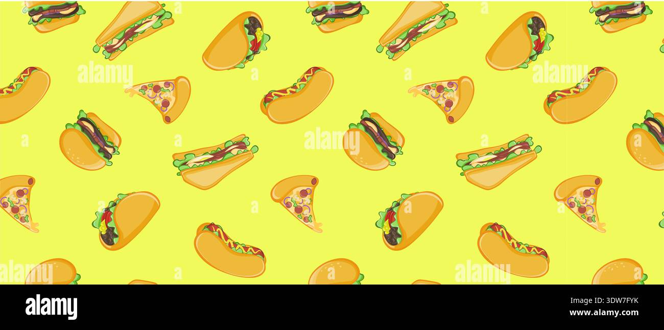 Tacos et Pizza Slice Pattern. Un motif sans couture vibrant et ludique avec des illustrations de tacos et de tranches de pizza sur un fond jaune vif. Illustration de Vecteur