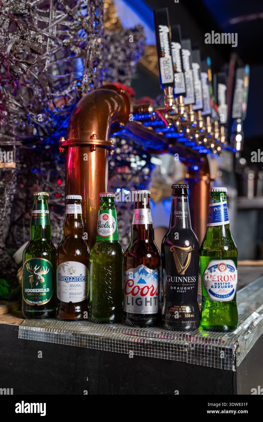 Gros plan des bouteilles de bière assorties sur le comptoir du bar. Banque D'Images