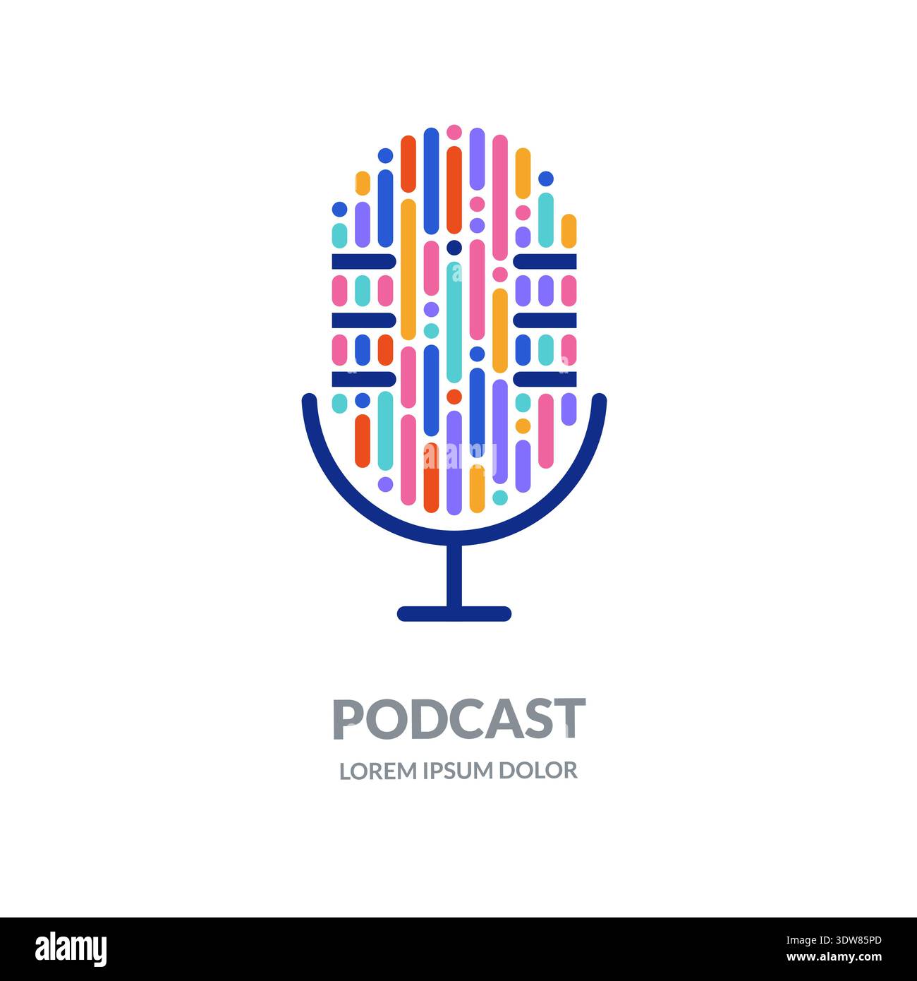 Signe de logo vectoriel de podcast ou modèle de conception d'emblème. Microphone coloré abstrait formé par des ondes sonores. Concept de marquage audio, radio, streaming, Illustration de Vecteur