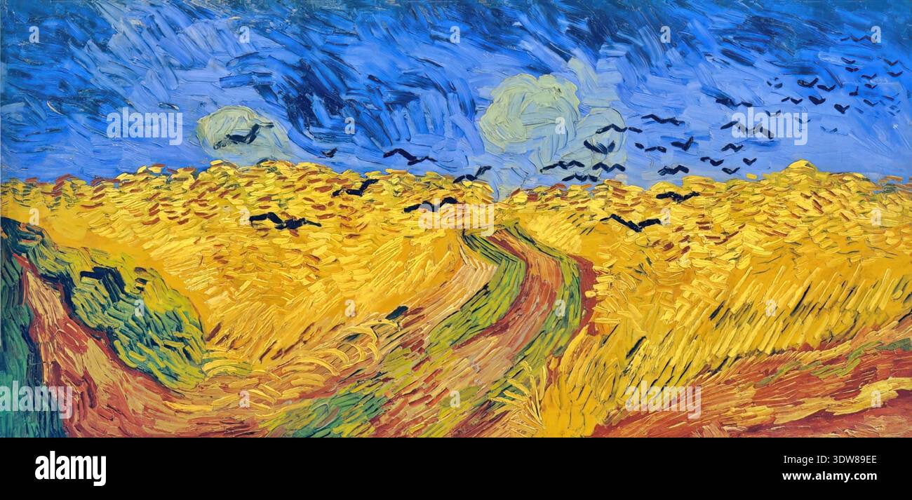 Vincent van Gogh – champ de blé avec corbeaux, 1890 – paysage rural dramatique post-impressionniste avec des corbeaux sur un ciel orageux | ArchiVerse : Impressionnisme & Post Banque D'Images