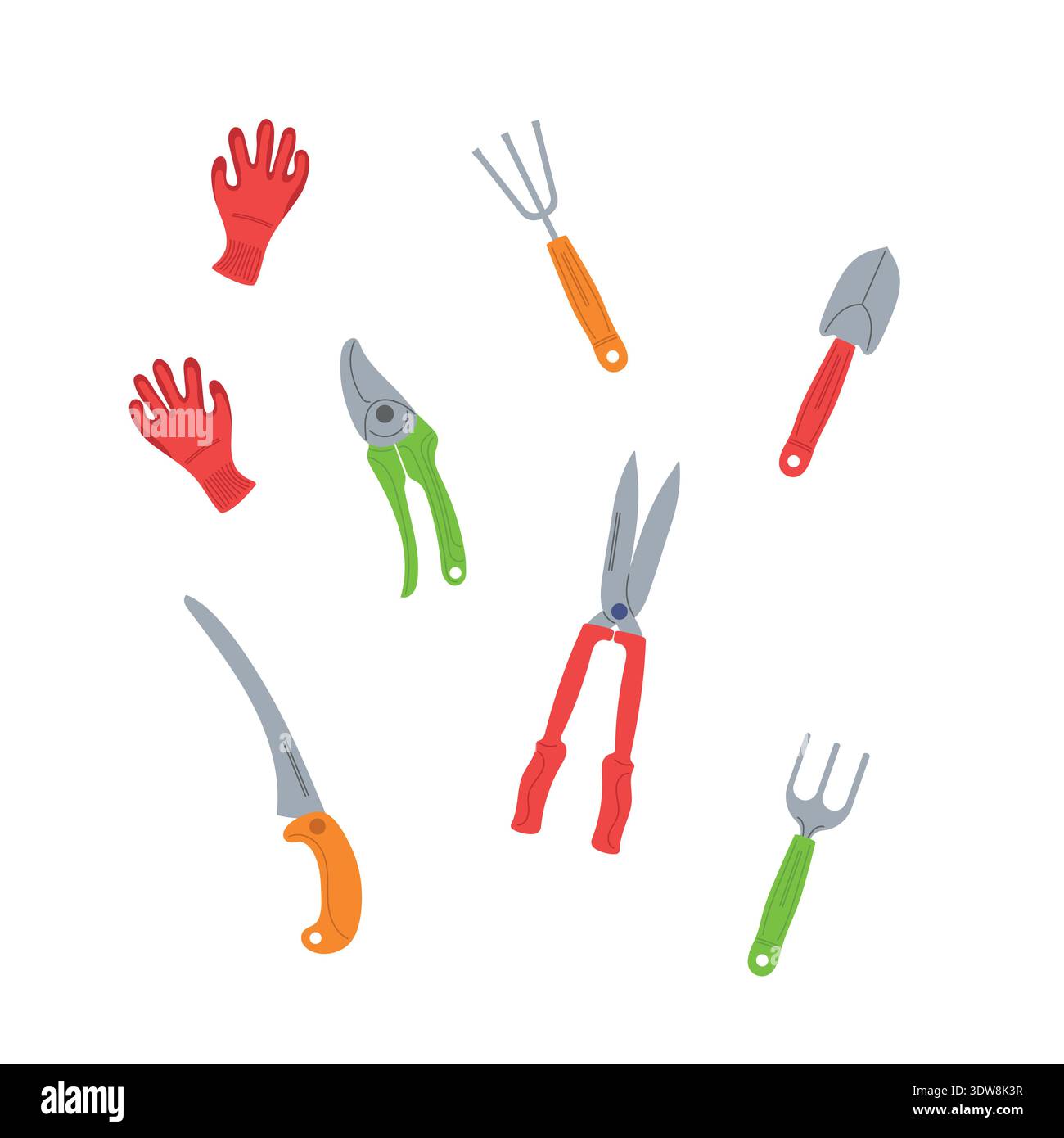 Divers outils de jardin. Gants, sécateurs, lime, râteau. Illustration vectorielle dans le style plat pour les magasins, les présentations, ajouter. Illustration de Vecteur
