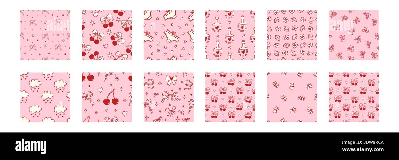Ensemble de motifs de cerise sans couture avec des noeuds et des coeurs mignons. Imprimé coquette fille avec rubans roses, parfait pour la Saint-Valentin, papier peint ou papier cadeau. Illustration vectorielle Illustration de Vecteur