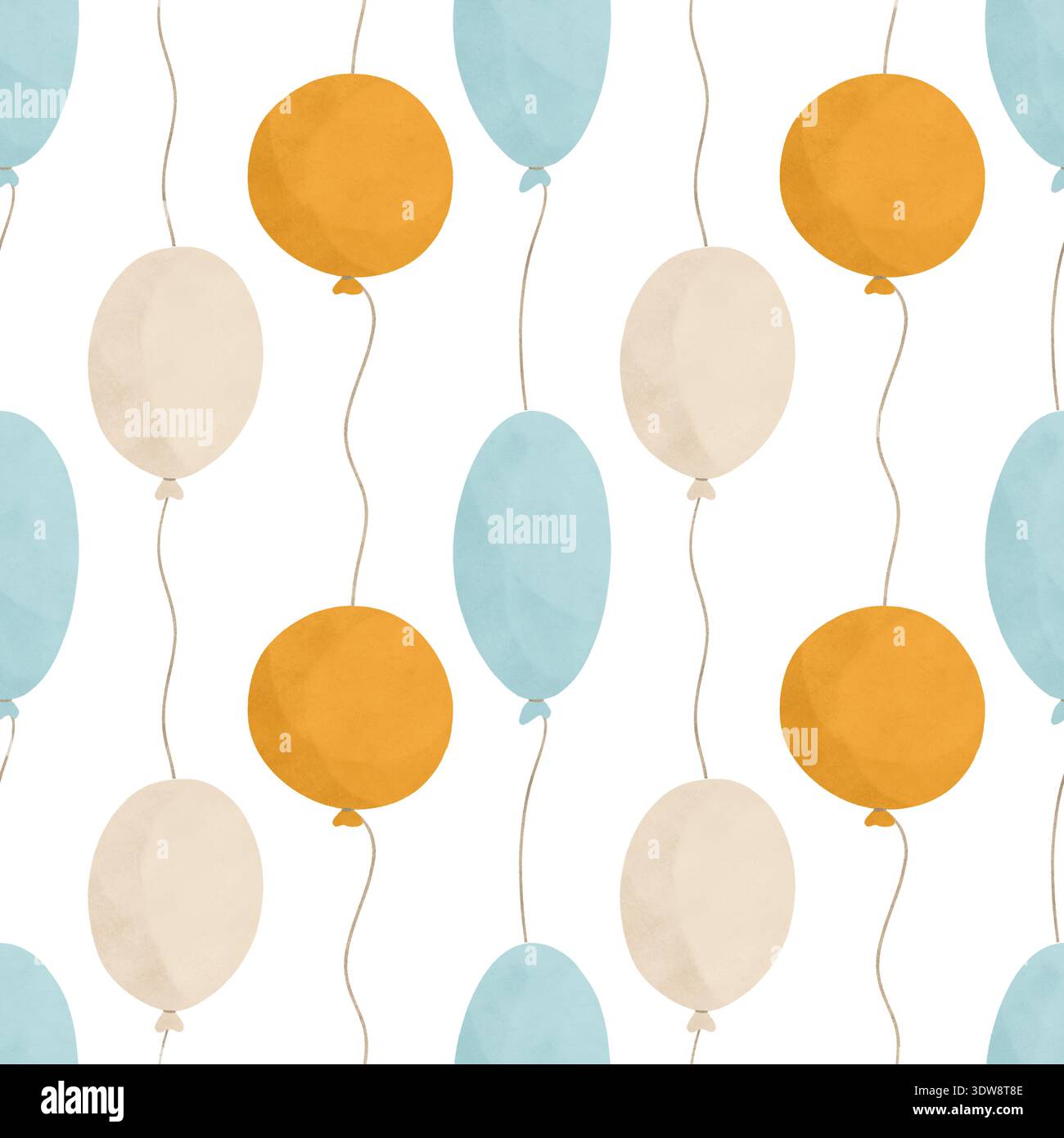 Ballons, une aquarelle dessinée à la main, pastel. Motif sans couture. Élément de design plat. Dans des tons pastel de jaune, bleu, beige. Un dessin pour enfants Banque D'Images