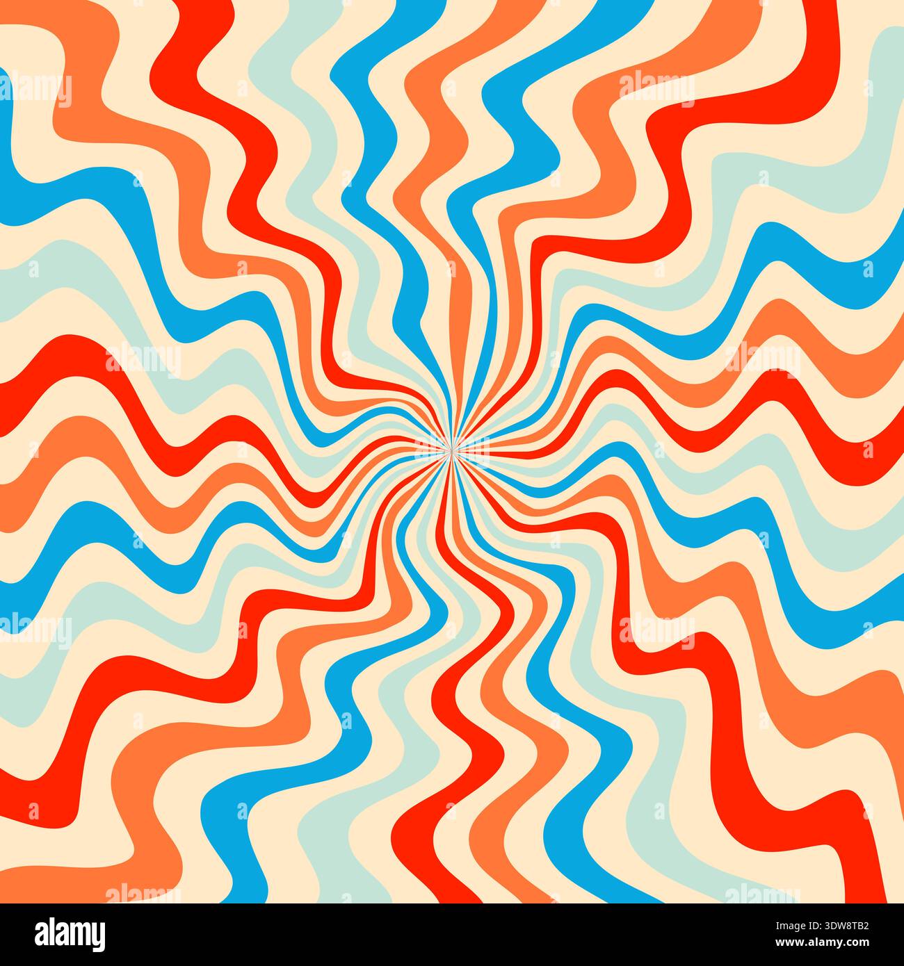 Fond étoilé groovy tourbillon avec des lignes ondulées dans des couleurs rétro orange, bleu et beige. Motif abstrait de vortex psychédélique, illustration vectorielle de style vintage des années 70. Illustration de Vecteur