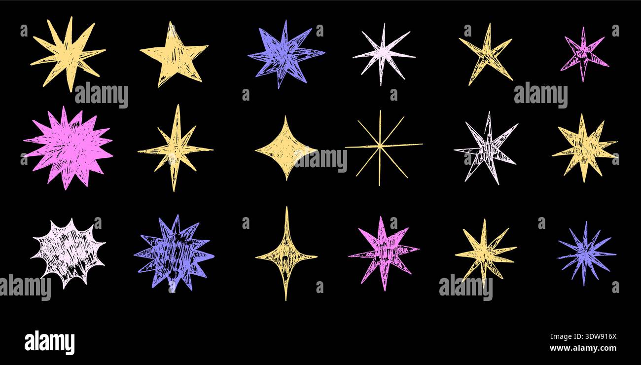Ensemble d'étoiles colorées de crayon. Formes célestes texturées dessinées à la main sur fond noir. Mignon pastel doodle éléments pour l'art des enfants, Noël, ciel nocturne, design cosmique. Illustration vectorielle. Illustration de Vecteur