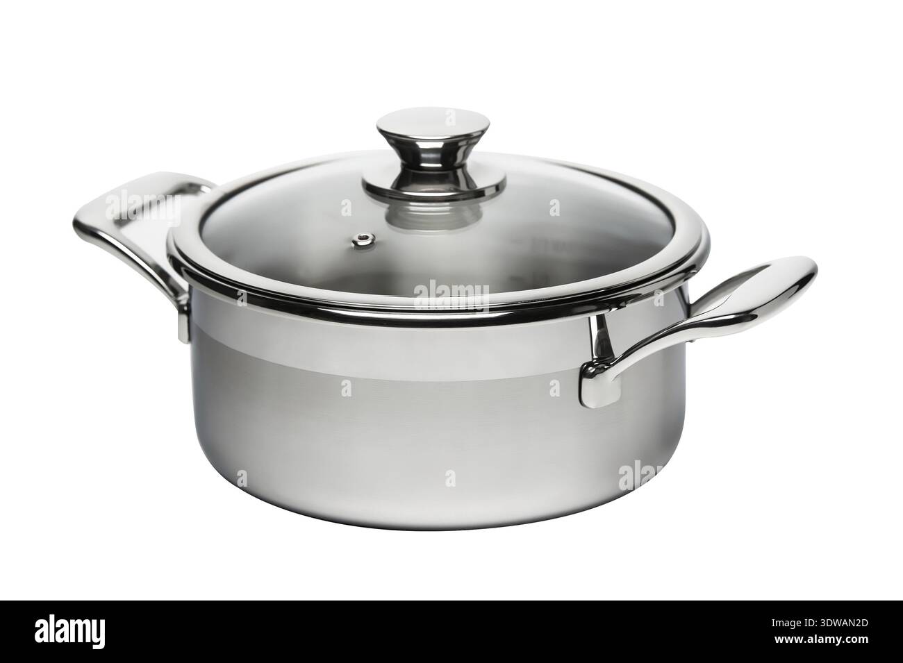 Casserole en acier inoxydable avec couvercle en verre isolé Banque D'Images