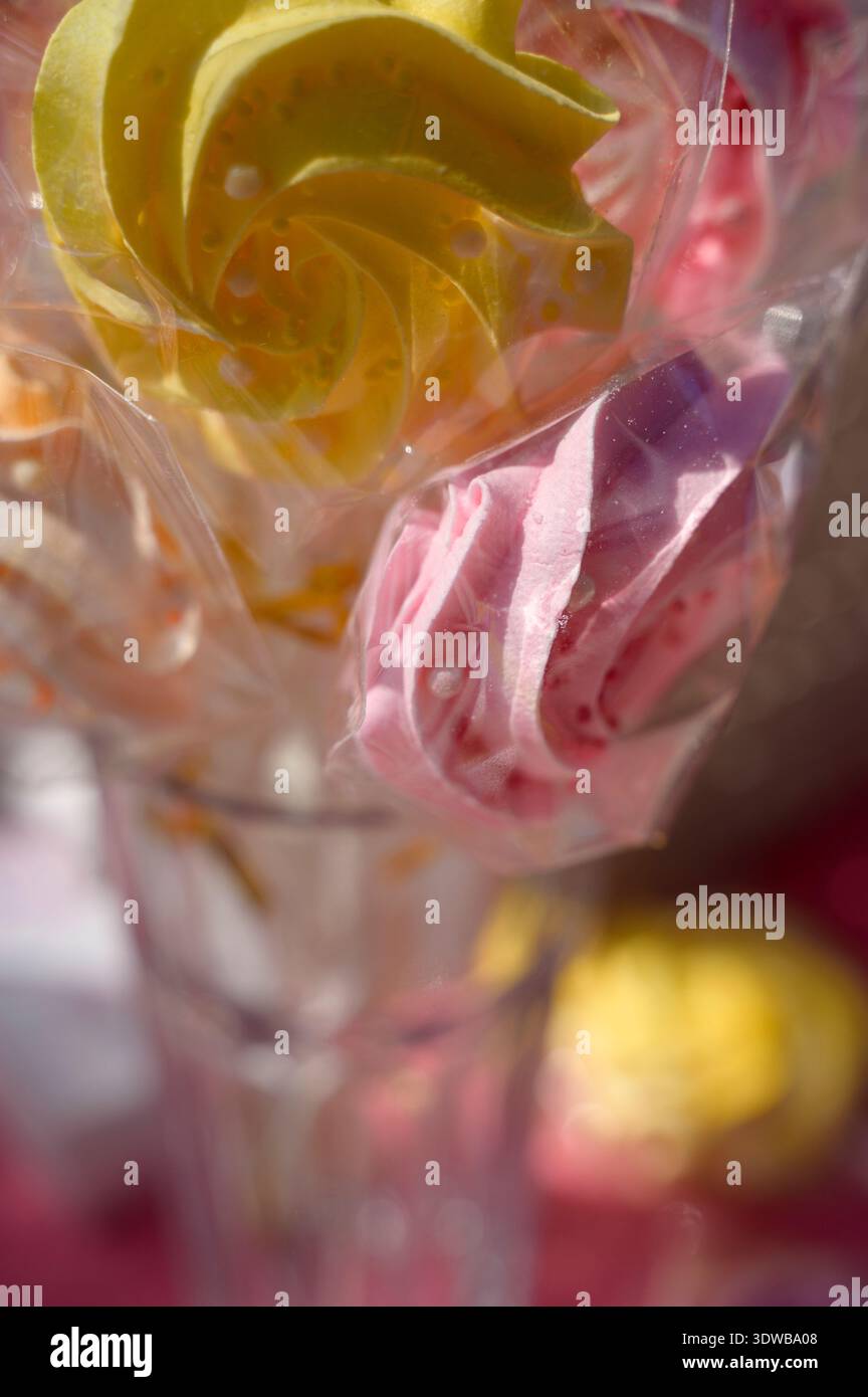 Sucettes colorées à la rose de guimauve avec des saupoudres sur l'affichage à l'extérieur. Concept de desserts faits maison, cadeaux gourmands en bonbons, et célébrité joyeuse de la communauté Banque D'Images