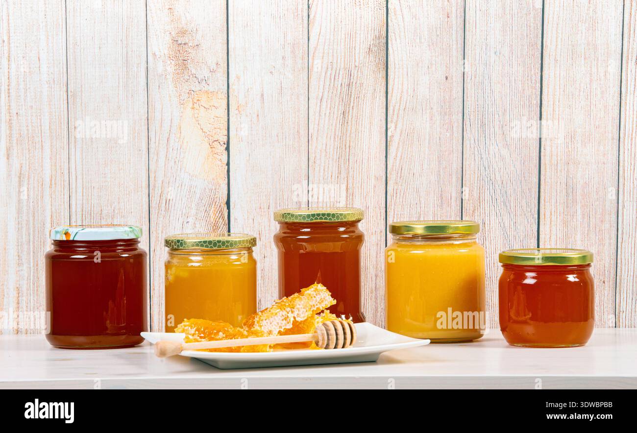 Divers pots de miel avec du miel de couleur différente à l'intérieur, beaucoup d'espace de copie sur fond de planche de bois clair. Trempette à miel avec nid d'abeilles frais sur l'assiette. Banque D'Images