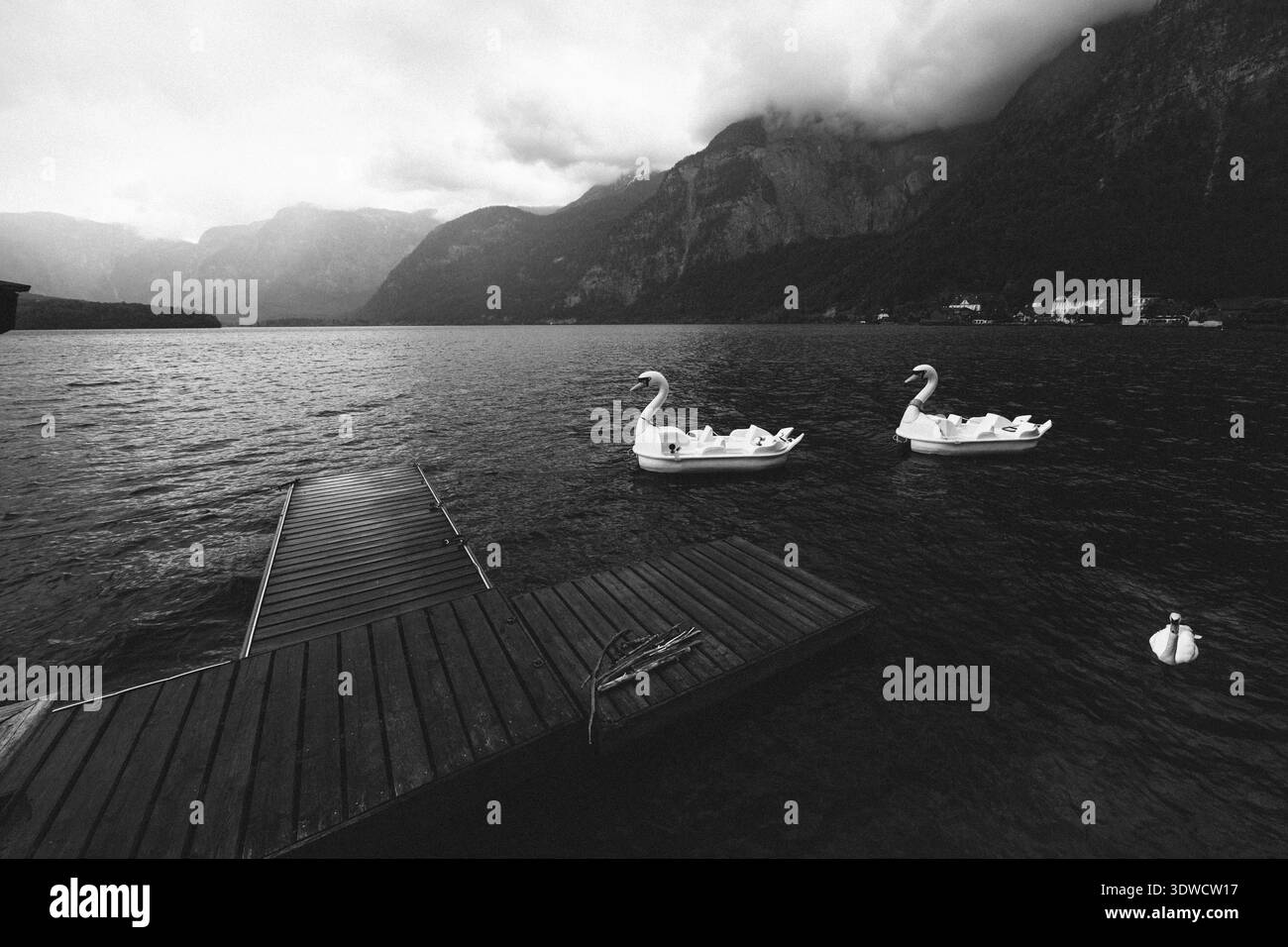 Deux bateaux à pédales cygnes flottent sur un lac sombre avec des montagnes en arrière-plan Banque D'Images