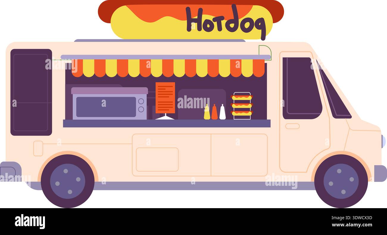 Camion hot-dog. Fourgon de nourriture de restauration équitable isolé sur fond blanc Illustration de Vecteur