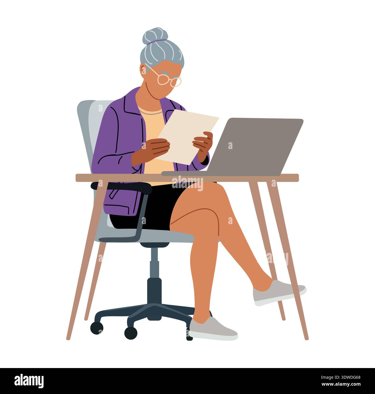 Femme âgée assise au bureau, lisant le document Illustration de Vecteur