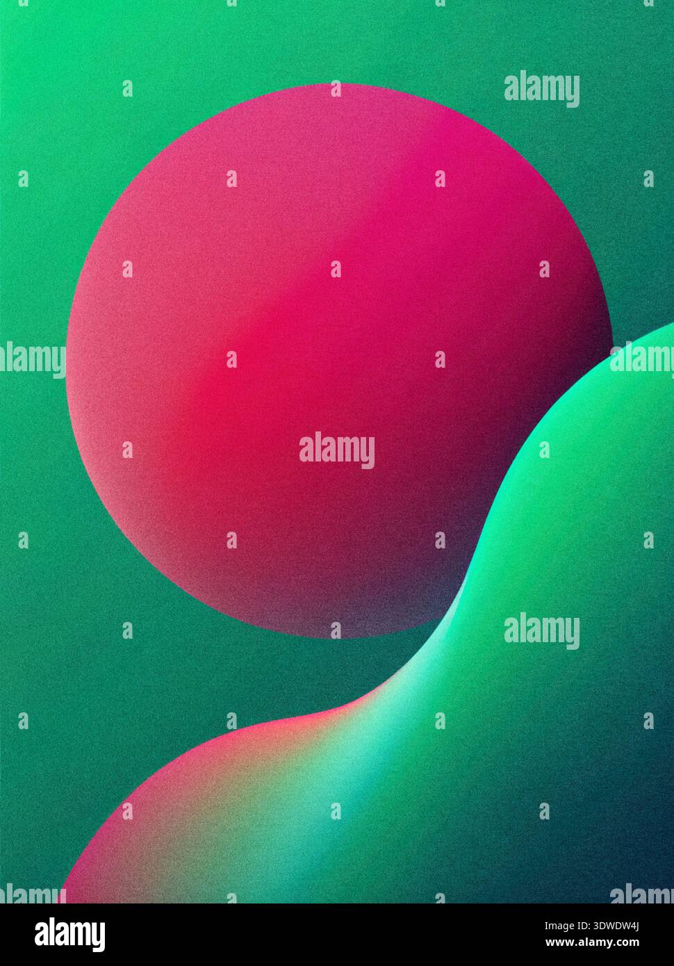 Cette œuvre présente une composition saisissante avec une grande sphère rose et des courbes lisses dans différentes nuances de vert. Les couleurs vives créent une dynamique Banque D'Images