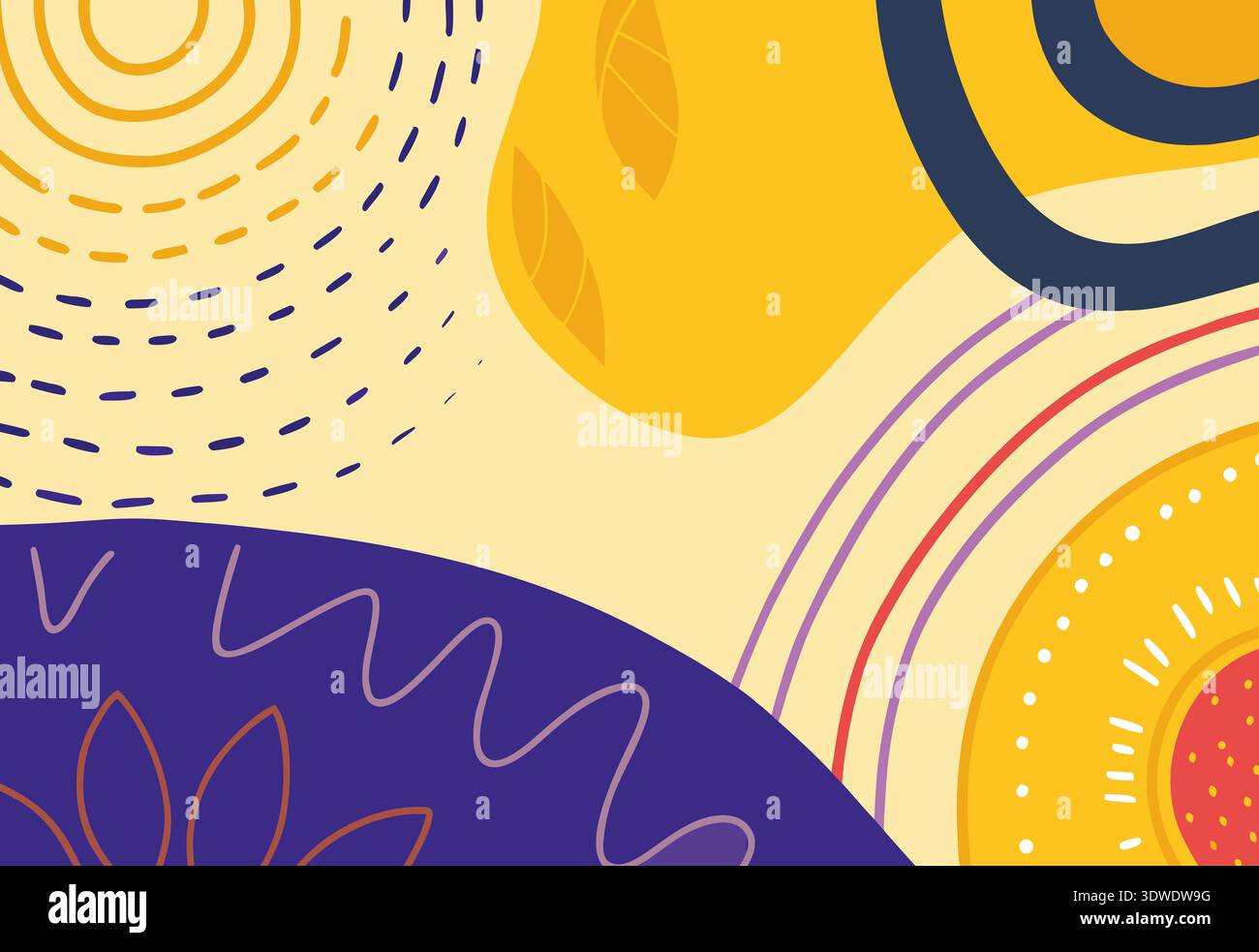 Des motifs et des formes colorés dans un design abstrait lumineux créent une atmosphère énergique, mettant en valeur des tourbillons et des lignes dans les tons de jaune, violet et Banque D'Images